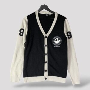 Disney Jack Skellington Cardigan Men's Medium‎ Black Gray Varsity Style Sweater